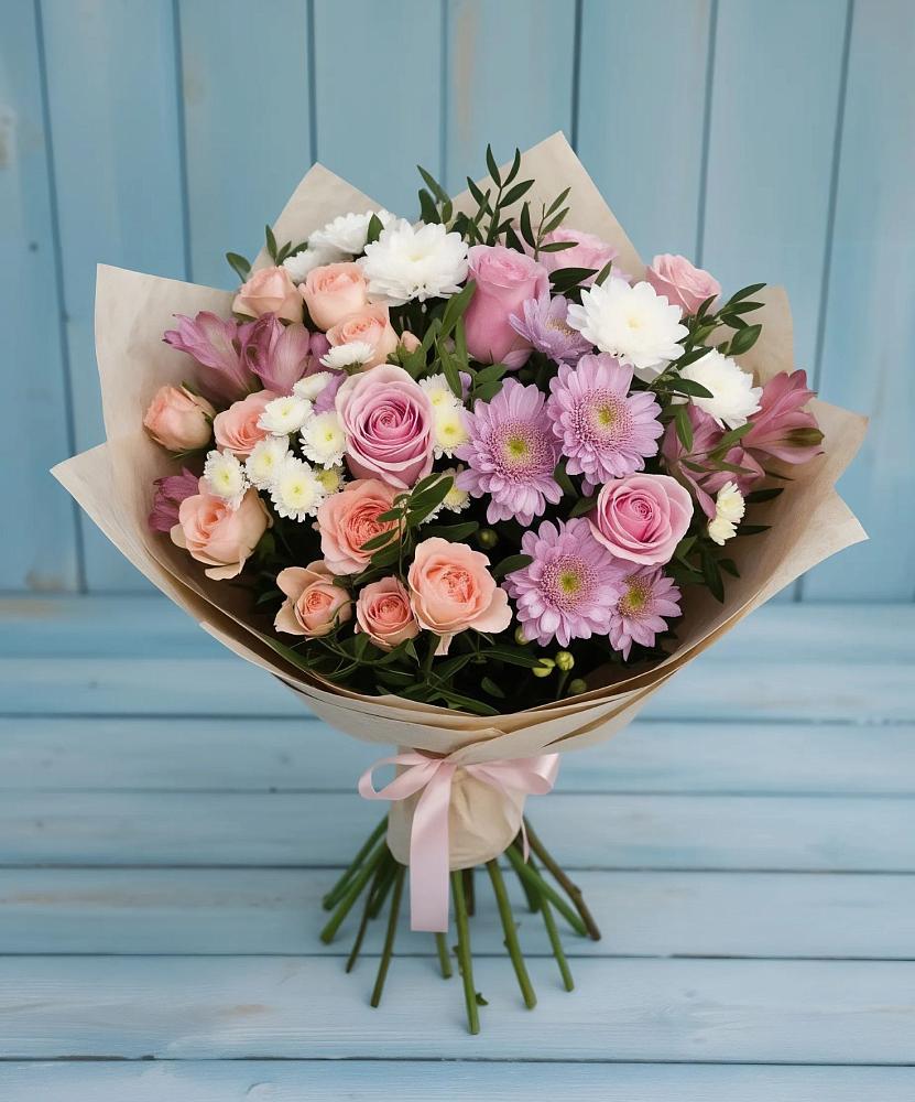 Букет цветов из: Хризантемы, Розы и Альстромерии в Михнево