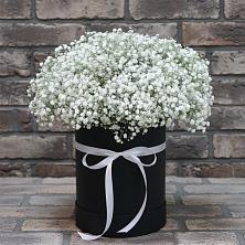 Цветочная композиция из Гипсофила в шляпной коробке в Михнево